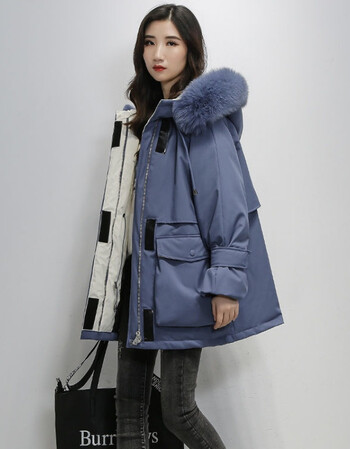 派克服女韩版新款棉服女宽松大毛领棉衣外套雾霾蓝xl建议165195斤
