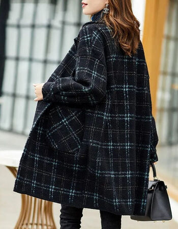 ahka欧洲站秋冬装格子毛呢外套女中长款气质西装领呢子大衣加棉图片色
