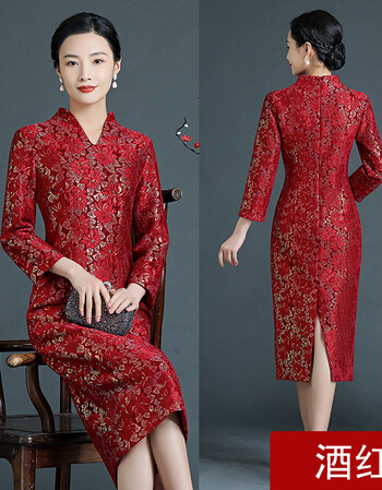 喜婆婆婚宴时尚礼服冬季旗袍连衣裙婚礼妈妈装长袖女高端洋气丈母娘