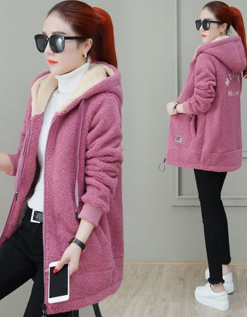 女中长款2021秋冬季新款韩版宽松连帽大衣上衣服粉紫色版m建议80100