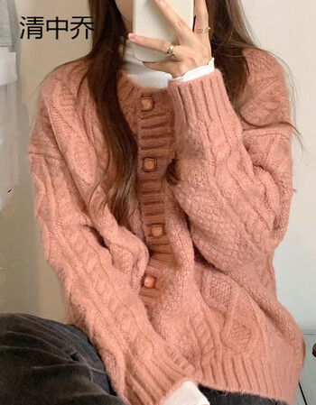 穿2021新款粗毛线麻花针织开衫上衣厚皮粉色原版高品质m建议95110斤穿