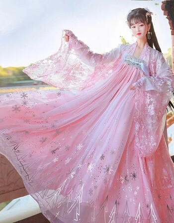 腰长裙古风学生演出服古装大摆裙套装表演服 粉色【齐胸三件套】 xs