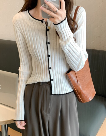 早秋季薄款修身显瘦长袖针织衫上衣春秋开衫外搭毛衣短外套女白色均码