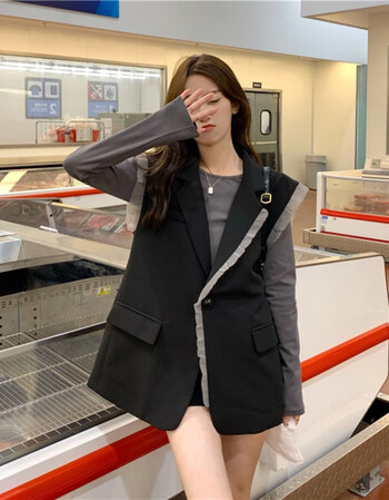 大码设计感西装马甲秋季胖mm2021新款外穿薄款甜酷无袖坎肩上衣女