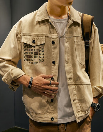 名面夹克男工装牛仔外套男宽松大码休闲男士春季潮牌印花牛仔衣男生加