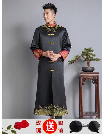 男士大码搞笑复古兄弟装秋冬中国风长衫长袍旗袍升级版喜悦黑色l码