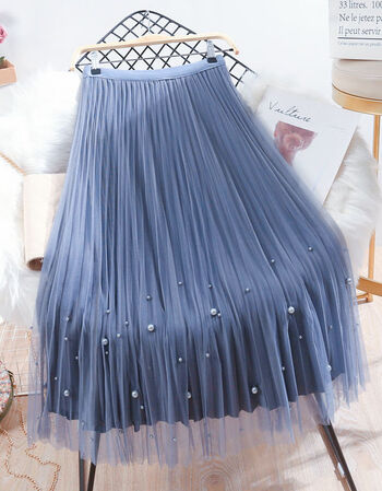 浮泽两面穿金丝绒网纱钉珠半身裙女秋冬新款百褶裙中长款纱裙款一蓝色