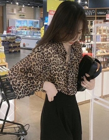 时尚豹纹翻领长袖衬衫女装早秋款韩版港味复古洋气百搭雪纺上衣潮豹纹