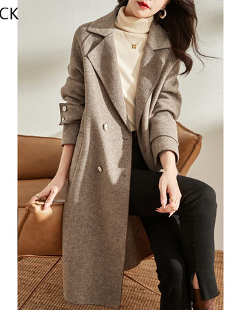 潮牌毛呢外套女中长款双排扣2021冬新款气质保暖双面羊绒大衣咖色s