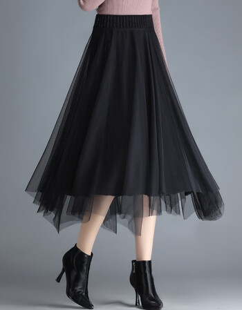 珂妃娅黑色网纱半身裙女秋冬2021新款裙子高腰显瘦a字中长气质百搭