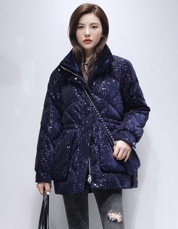 恒源祥设计感小众亮片羽绒服女中长款2021新款秋韩版女士女式冬季显瘦