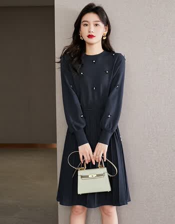 连衣裙女秋冬季圆领新款系腰带显瘦百搭轻奢高档打底裙女装藏青色m