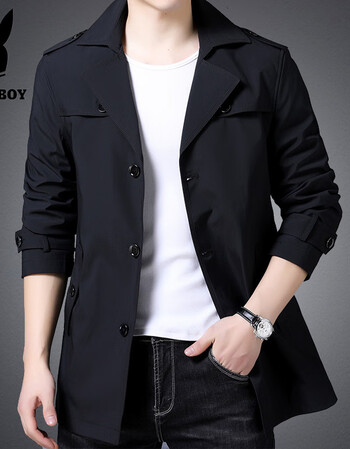 风衣男韩版中长款秋冬外套男士夹克商务休闲上衣潮流新款 黑色 1892z