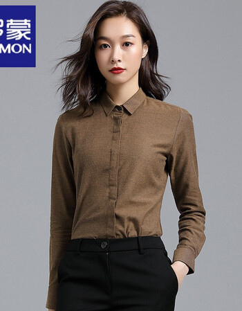 女长袖秋冬新款磨毛全棉上衣复古打底加绒保暖衬衣通勤百搭土咖色xl
