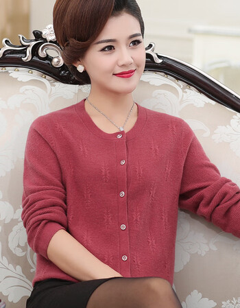 中老年女装秋冬纯羊毛衫妈妈装羊绒开衫纯色老年人毛衣薄外套 玫红色