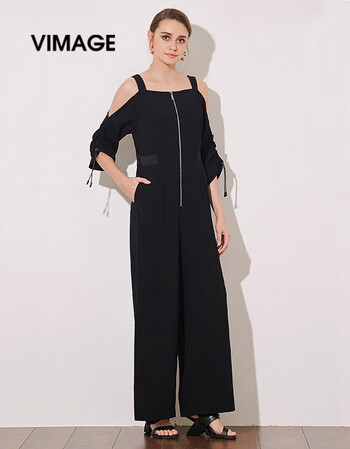 纬漫纪2019夏季新款女装吊带五分袖露肩连体裤连衣裤休闲裤 黑色20 m