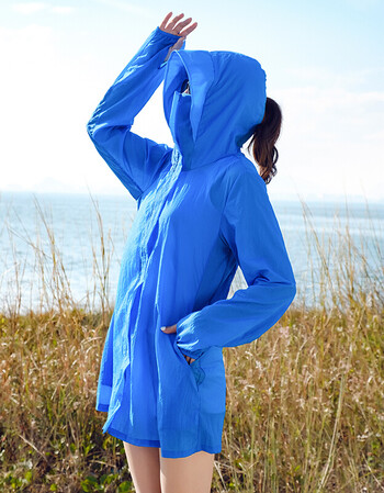 防晒衣女2018新款夏季韩版中长款长袖大码 宽松服 蓝色 xl