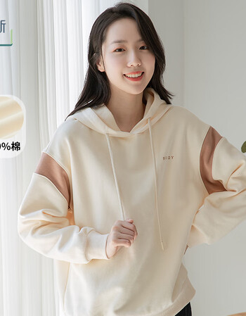 片断卫衣女秋冬韩版连帽套头外套ins潮撞色拼接学生宽松百搭上衣米白m