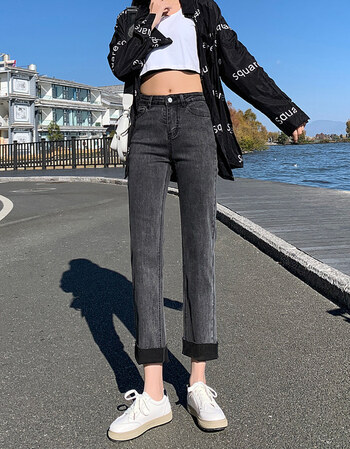 恒源祥高腰牛仔裤女深蓝色卷边加绒新款宽松百直筒裤21年秋冬季女士