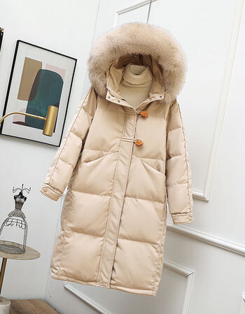 羽绒服2021年新款女冬中长款真狐狸大毛领过膝韩版白鸭绒网红奶茶色