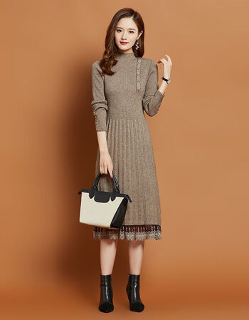 连衣裙女冬季新款加绒加厚秋冬连衣裙女长款过膝的蕾丝针织毛衣裙麦