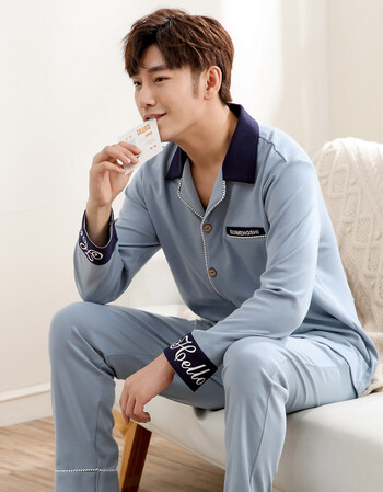 京东优品@睡衣男春秋季纯棉长袖两件套休闲宽松大码男士夏天全棉笨铑