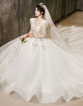 2022新款新娘冬季长袖重工奢华复古宫廷高级拖尾主婚纱亮片裙拖地款l