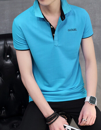 夏天男装短袖翻领t恤修身韩版学生有领上衣t桖半袖休闲polo衫 天蓝黑