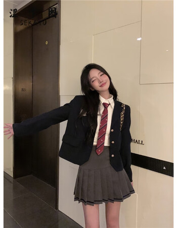 秋冬靓女装青少女初中生高中生大学生藏蓝色西装套装女西服百褶裙三