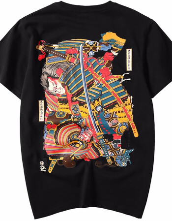 简拓2019新款日系潮牌浮世绘武士印花短袖t恤男 复古民族风宽松大码