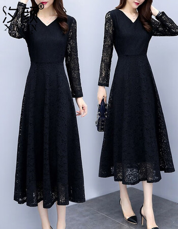 新品女装修身显瘦过膝打底长裙中长款长袖蕾丝连衣裙g7237033黑色3xl