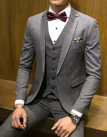 《京东特选》 格子西服套装男士修身韩版新郎服装结婚礼服休闲小西装