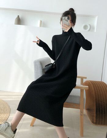针织连衣裙女新款坑条直筒长款宽松气质毛衣过膝长裙秋冬内搭打底裙