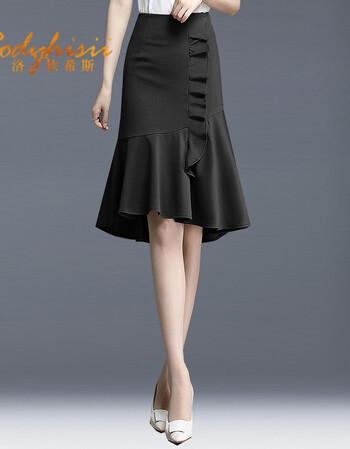 洛狄希斯品牌鱼尾半身裙女春季新款荷叶边包臀短不对称燕尾裙子黑色s