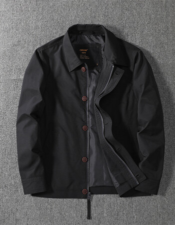 男装商务休闲翻领纽扣夹克衫春季男纯色修身水洗工装防风外套潮黑色s