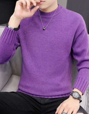 秋冬季毛衣针织衫绒衫男士纯色圆领上衣服潮流内搭穿打底小衫紫色m