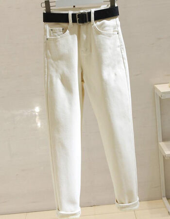 以纯boy联名同款米白色加绒厚绒弹力牛仔裤女春秋2022新款宽松显瘦