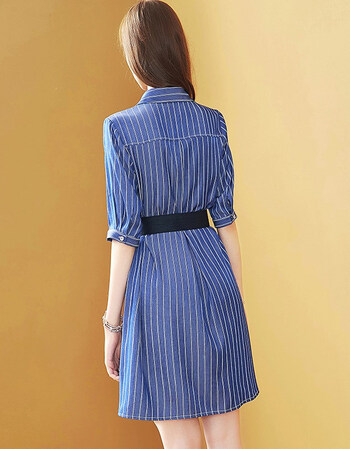品牌牛仔蓝条纹连衣裙女显瘦2019夏新品女装通勤收腰显瘦衬衫裙 蓝色