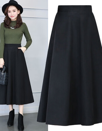 呢半身裙大摆a字裙高腰中长款大码女装黑色长裙春裙子 21黑色裙长76cm