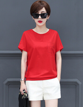 短袖t恤女2018夏季新款宽松大码上衣圆领纯色简约女士半袖棉体恤 红色