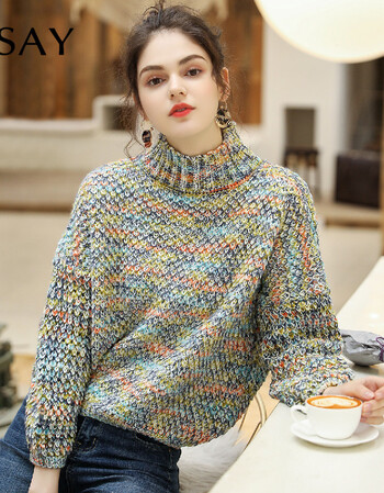 msay 新款文艺复古打底针织衫彩线慵懒风宽松长袖套头外穿女款毛衣