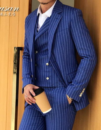 男士条纹西装套装2017春秋新款时尚百搭修身西服两件套装 蓝色 l