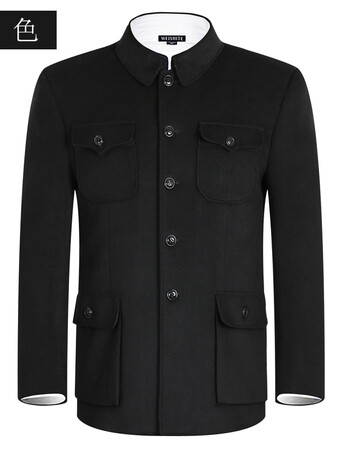 中老年男中山装套装老人羊毛呢中山服老年人爷爷装 黑色【毛呢套装】