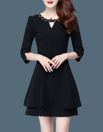 连衣裙秋季新款七分袖女装黑色修身连衣裙雪纺拼接韩版显瘦网纱中裙