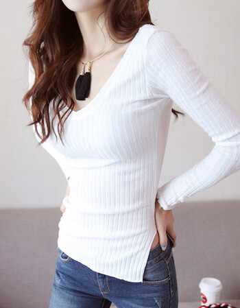 韩国女装春秋新款性感v领开叉上衣女百搭紧身显瘦低领打底衫t恤女