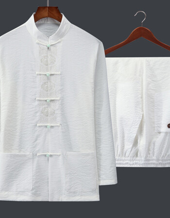 亚麻中老年唐装男长袖套装棉麻爷爷秋季衣服秋装爸爸装 7074款白色