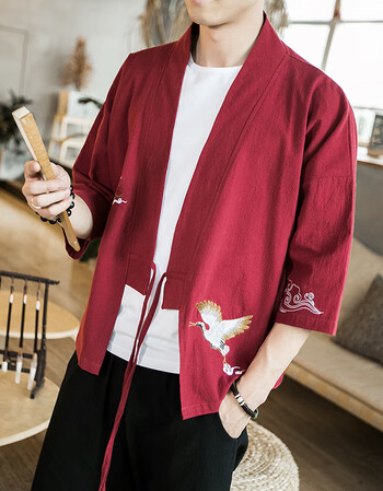 中国风男装刺绣道袍复古唐装外套和服日系日式和风开衫浮世绘 酒红色