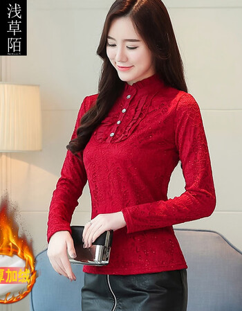 蕾丝打底衫保暖蕾丝小衫女长袖2019秋冬新款修身加厚打底衫女上衣雷丝