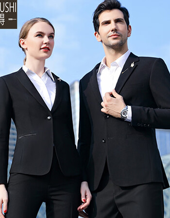 修身毛料弹力男女同款套装男士上班职业装正装两件套商务西装 黑色