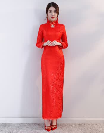 礼仪服装女旗袍长款迎宾小姐服夏中国风时尚优雅红色长袖演出 红色